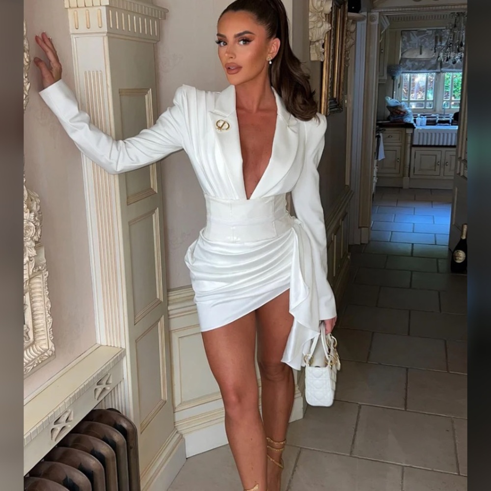 White Asymmetrical Draped Blazer Dress